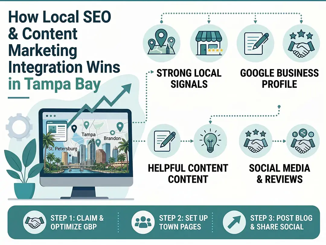 Can local SEO and content marketing work together? Tampa Bay infographic showing how local SEO, Google Business Profiles, helpful content and reviews support business growth