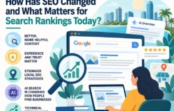 Infographic on changing SEO rankings, with a marketer reviewing Google results, AI overviews, and local SEO strategies